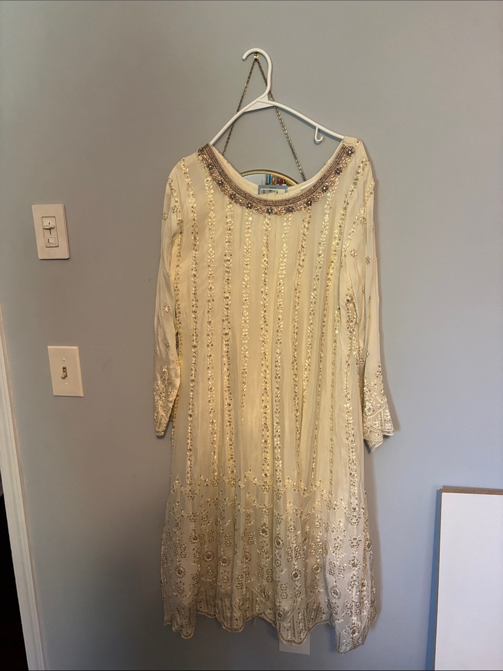 Elegant Ivory Embellished Women’s Dress with Beaded Neckline
